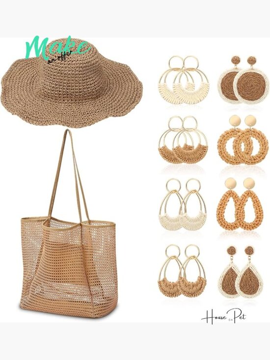 Accessories - 10 Pcs Mesh Beach Tote & Straw Hat Set with Earrings